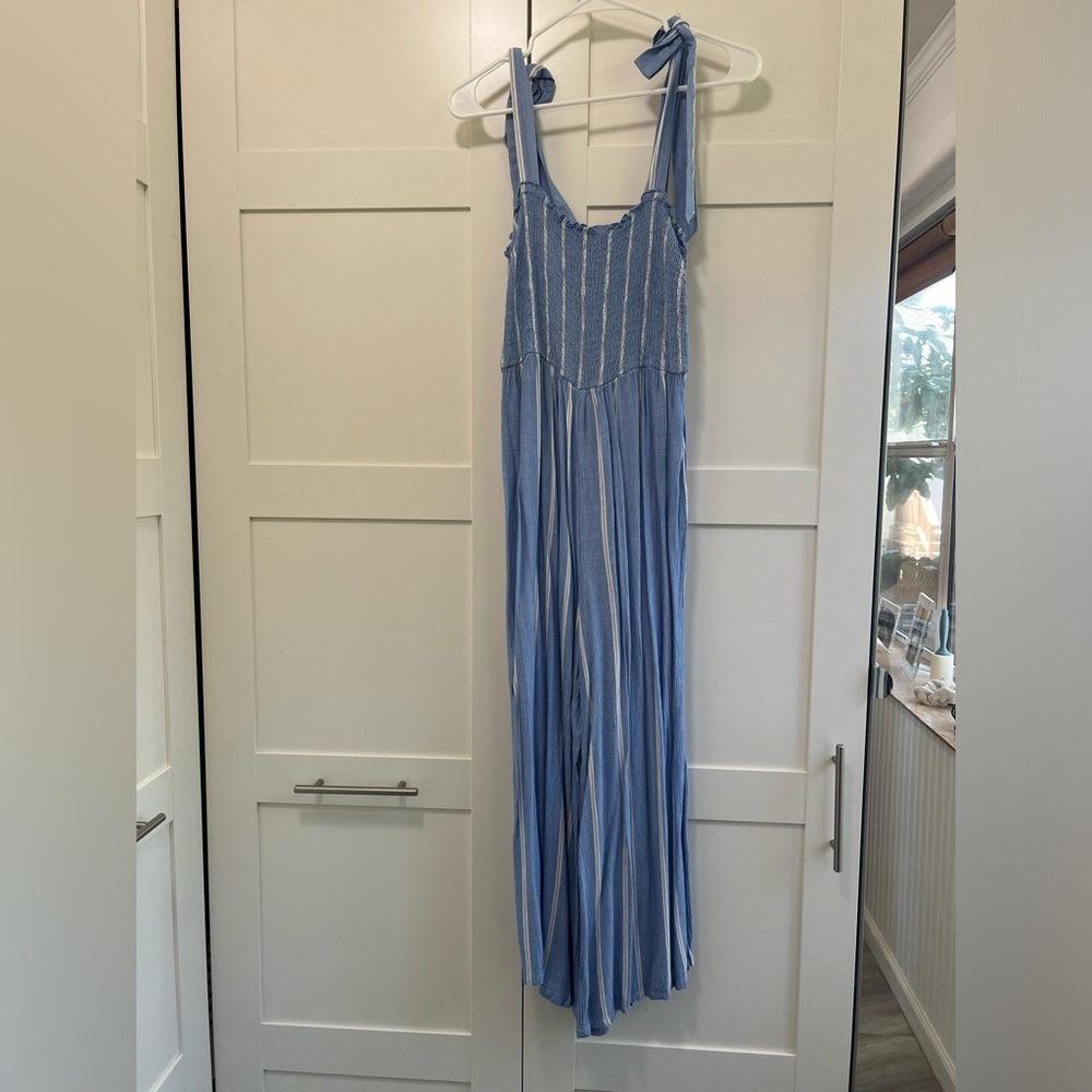 H&M Cotton Shirred Tie Jumpsuit in Baby Blue and White Pinstripe (Size US 8)